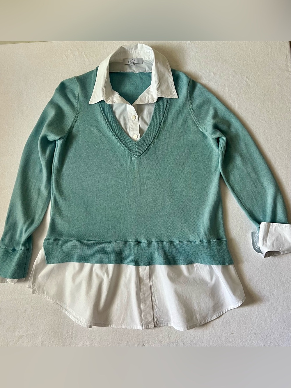Pearl By Lela Rose 2-in-1 Layered Merino Wool Sweater Size M, Lt.. Turq., EUC